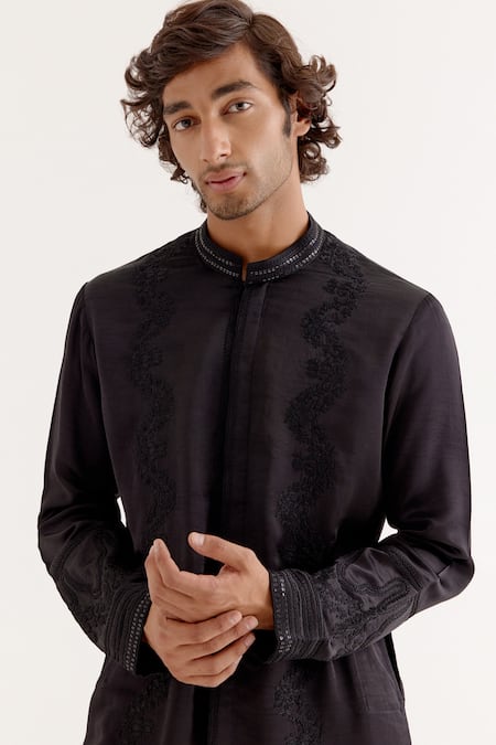 Shop_Devnaagri_Black Silk Satin Embroidery Dori Open-front Kurta With Pant _Online_at_Aza_Fashions
