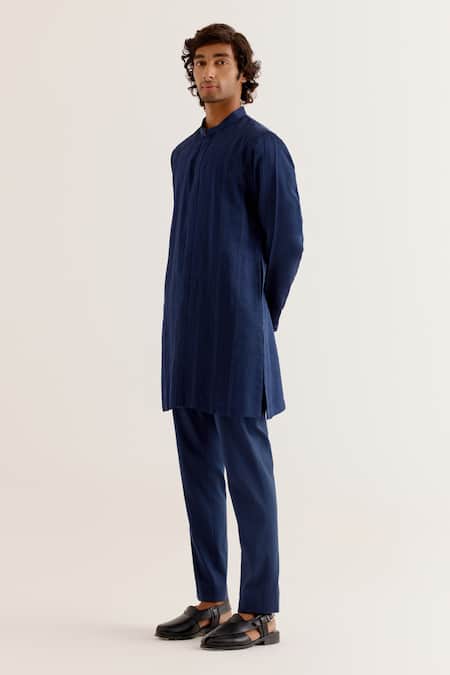 Devnaagri_Blue Silk Satin Embroidery Dori Work Open-front Kurta With Pant _Online_at_Aza_Fashions