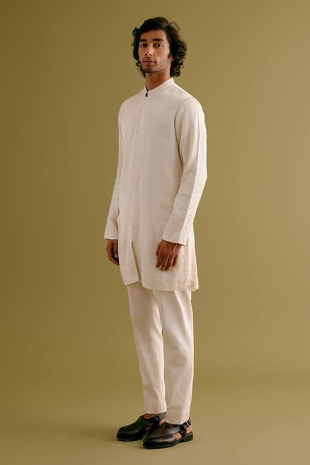 Devnaagri Ivory Silk Satin Embroidery Floral Kurta With Pant Online at Aza Fashions Devnaagri_Ivory Silk Satin Embroidery Floral Kurta With Pant _Online_at_Aza_Fashions