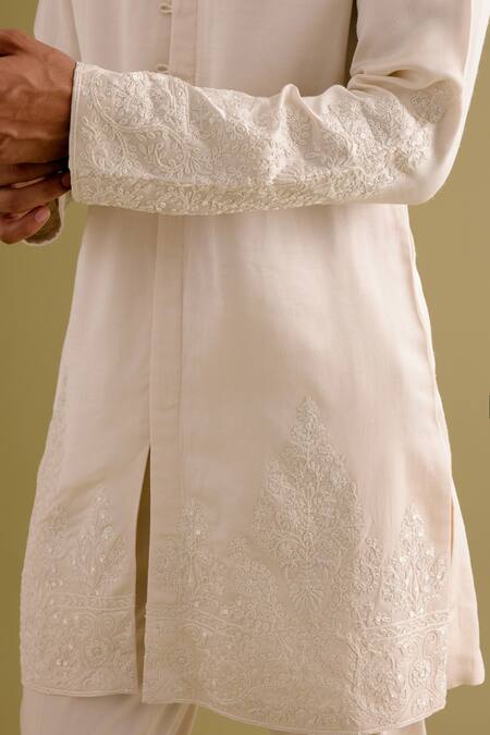 Buy Devnaagri Ivory Silk Satin Embroidery Floral Kurta With Pant Online at Aza Fashions Buy_Devnaagri_Ivory Silk Satin Embroidery Floral Kurta With Pant _Online_at_Aza_Fashions