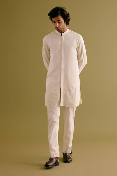 Shop Devnaagri Ivory Silk Satin Embroidery Floral Kurta With Pant Online at Aza Fashions Shop_Devnaagri_Ivory Silk Satin Embroidery Floral Kurta With Pant _Online_at_Aza_Fashions
