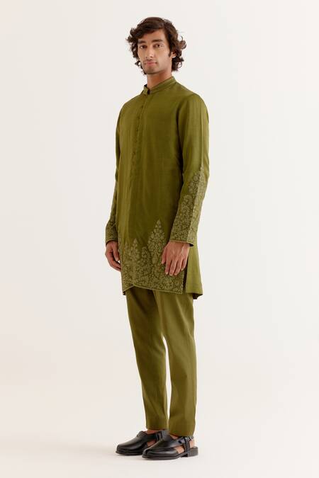 Devnaagri Green Silk Satin Embroidery Floral Dori Kurta With Pant Online at Aza Fashions Devnaagri_Green Silk Satin Embroidery Floral Dori Kurta With Pant _Online_at_Aza_Fashions
