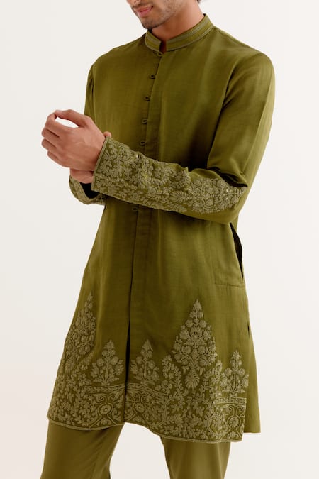 Buy Devnaagri Green Silk Satin Embroidery Floral Dori Kurta With Pant Online at Aza Fashions Buy_Devnaagri_Green Silk Satin Embroidery Floral Dori Kurta With Pant _Online_at_Aza_Fashions