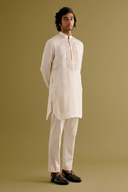 Devnaagri_Ivory Silk Satin Embroidery Dori Kurta With Pant _Online_at_Aza_Fashions