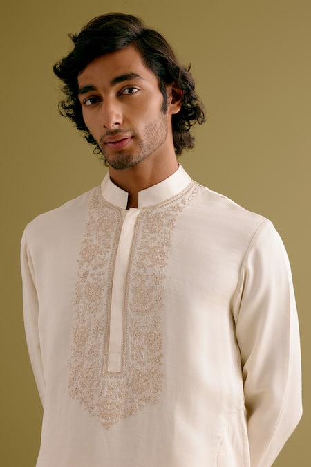 Buy_Devnaagri_Ivory Silk Satin Embroidery Dori Kurta With Pant _Online_at_Aza_Fashions