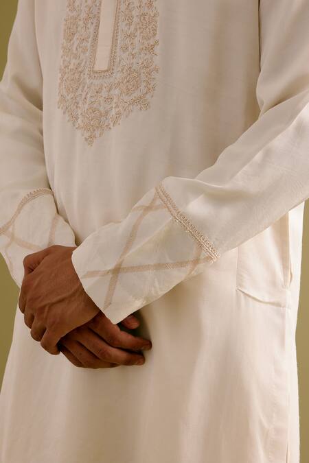Shop_Devnaagri_Ivory Silk Satin Embroidery Dori Kurta With Pant _Online_at_Aza_Fashions