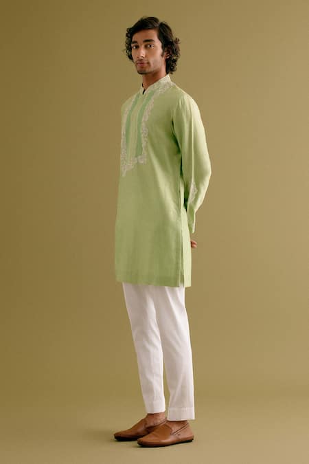 Devnaagri_Green Silk Satin, Cotton Embroidery Dori Neck Kurta With Pant _Online_at_Aza_Fashions