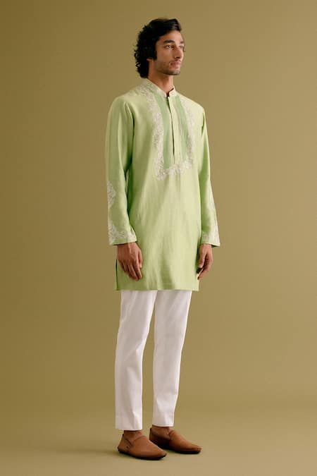 Buy_Devnaagri_Green Silk Satin, Cotton Embroidery Dori Neck Kurta With Pant _Online_at_Aza_Fashions