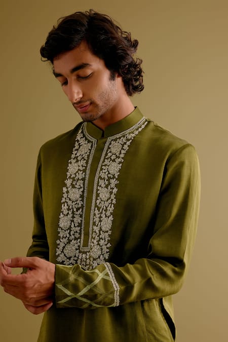 Devnaagri_Green Silk Satin Embroidery Floral Neck Kurta With Pant _Online_at_Aza_Fashions
