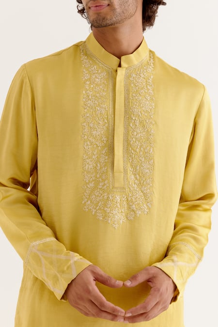 Devnaagri_Yellow Silk Satin, Cotton Embroidery Neckline Kurta With Pant _Online_at_Aza_Fashions