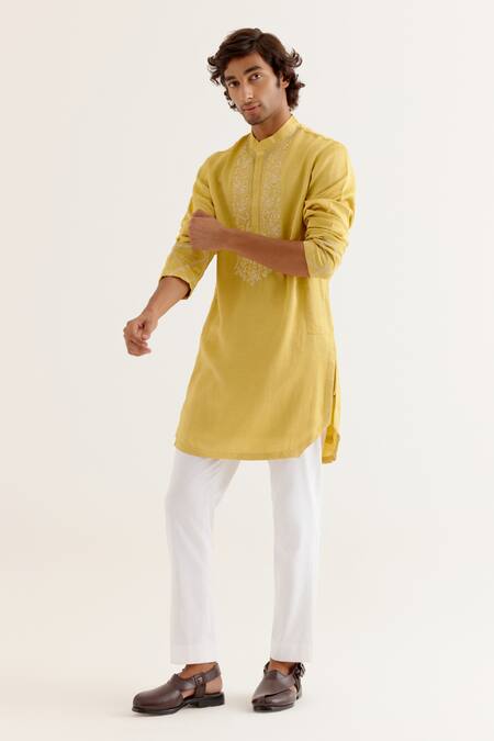 Buy_Devnaagri_Yellow Silk Satin, Cotton Embroidery Neckline Kurta With Pant _Online_at_Aza_Fashions