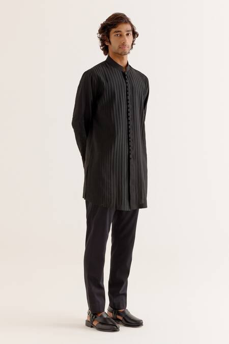 Buy_Devnaagri_Black Cotton, Silk Embroidery Pintuck Dori Kurta With Pant _Online_at_Aza_Fashions