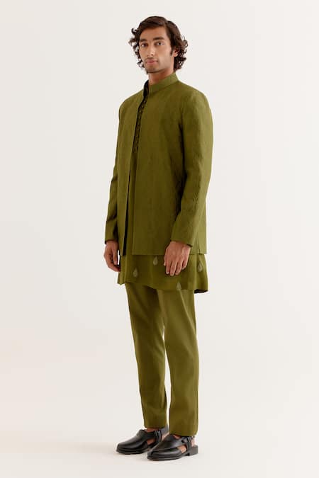 Devnaagri_Green Silk, Chanderi Embroidery Dori Jacket And Kurta Set _Online_at_Aza_Fashions