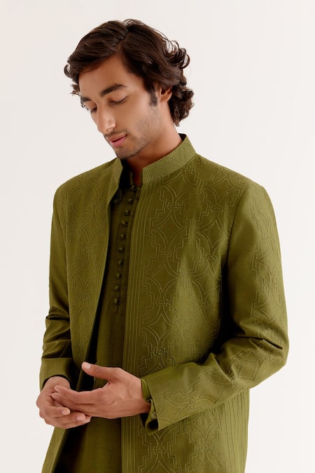 Buy_Devnaagri_Green Silk, Chanderi Embroidery Dori Jacket And Kurta Set _Online_at_Aza_Fashions