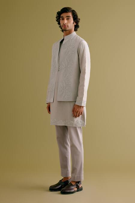 Devnaagri_Grey Silk, Chanderi Embroidery Geometric Jacket And Kurta Set _Online_at_Aza_Fashions