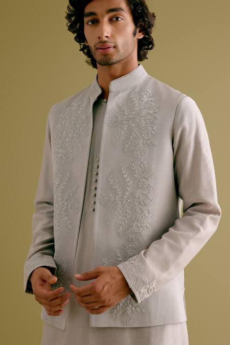 Shop_Devnaagri_Grey Silk, Chanderi Embroidery Geometric Jacket And Kurta Set _Online_at_Aza_Fashions