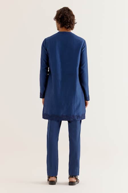 Devnaagri_Blue Silk, Chanderi Embroidery Geometric Dori Work Jacket And Kurta Set _Online_at_Aza_Fashions