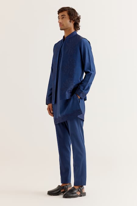 Shop_Devnaagri_Blue Silk, Chanderi Embroidery Geometric Dori Work Jacket And Kurta Set _Online_at_Aza_Fashions