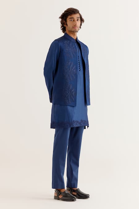 Devnaagri_Blue Silk, Chanderi Embroidery Geometric Dori Work Jacket And Kurta Set _at_Aza_Fashions