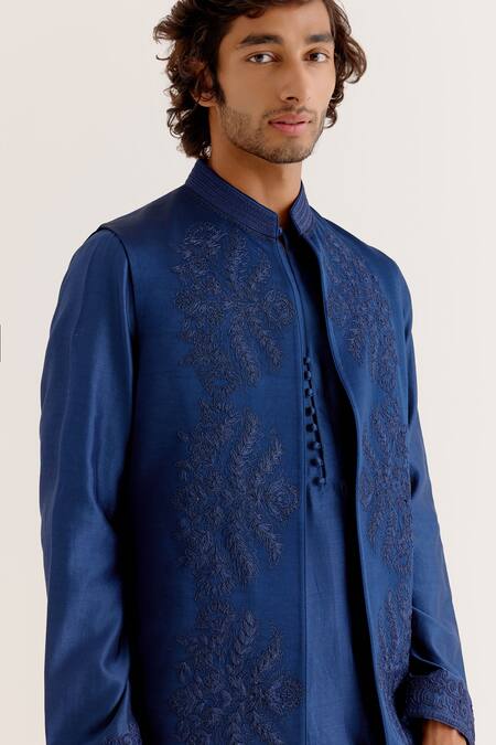 Buy_Devnaagri_Blue Silk, Chanderi Embroidery Geometric Dori Work Jacket And Kurta Set 