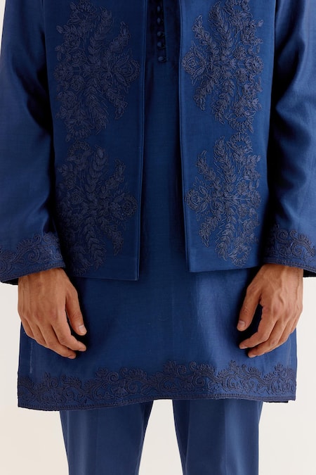 Shop_Devnaagri_Blue Silk, Chanderi Embroidery Geometric Dori Work Jacket And Kurta Set 