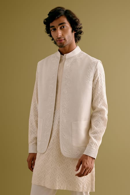 Buy_Devnaagri_Ivory Silk, Chanderi Embroidery Dori Bundi And Kurta Set _Online_at_Aza_Fashions