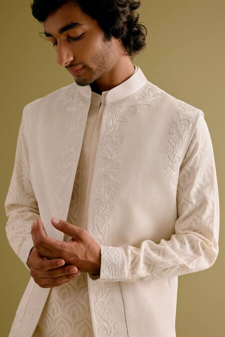 Shop_Devnaagri_Ivory Silk, Chanderi Embroidery Dori Bundi And Kurta Set _Online_at_Aza_Fashions