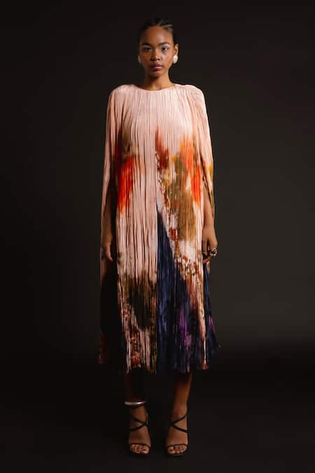 Amka_Peach Silk Round Neck Bloom Abstract Ink Dyed Kaftan _Online_at_Aza_Fashions