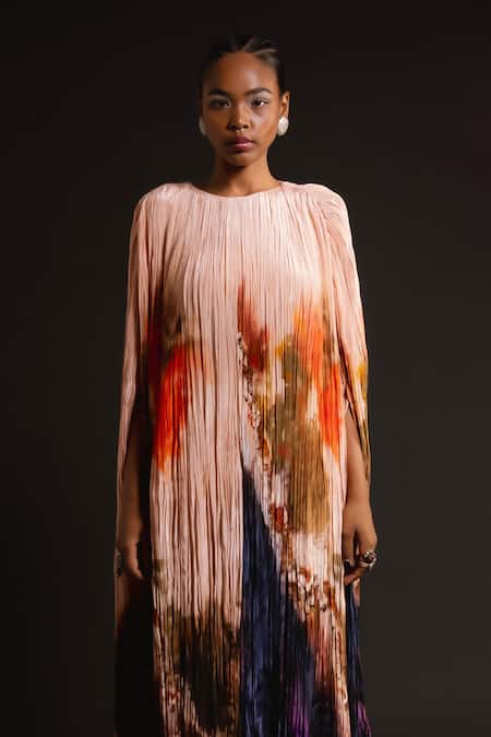Buy_Amka_Peach Silk Round Neck Bloom Abstract Ink Dyed Kaftan _Online_at_Aza_Fashions