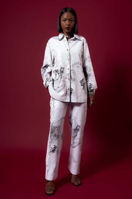 Amka White Cotton Collared Chinar Ink Dyed Shirt With Pant 