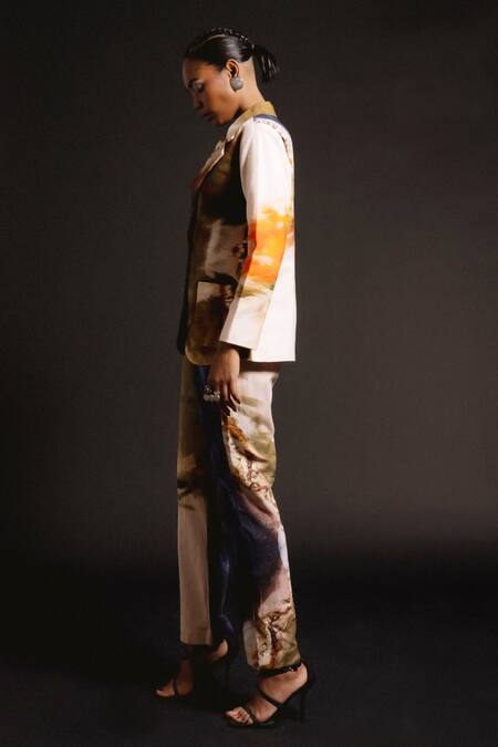 Buy_Amka_Peach Cotton Galactic Bloom Print Blazer With Pant _Online_at_Aza_Fashions