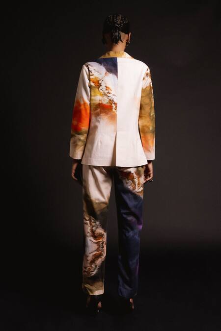Shop_Amka_Peach Cotton Galactic Bloom Print Blazer _at_Aza_Fashions