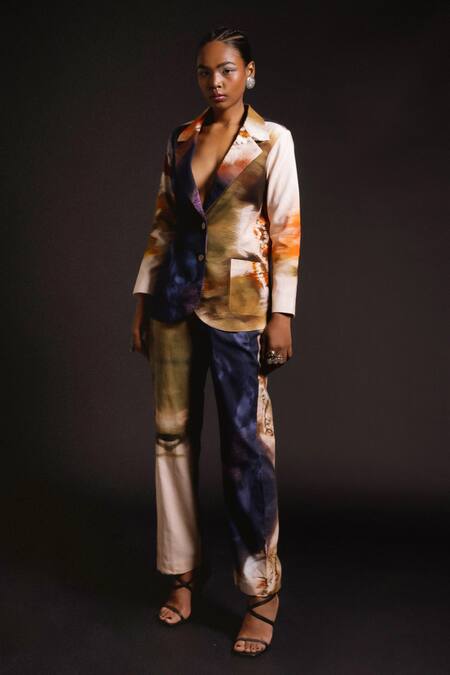 Amka_Peach Cotton Galactic Bloom Print Blazer _Online_at_Aza_Fashions