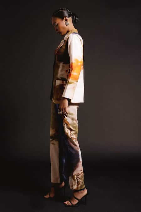 Buy_Amka_Peach Cotton Galactic Bloom Print Blazer _Online_at_Aza_Fashions