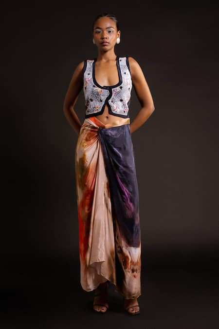 AMKA Oak Mosaic Embroidered Overjacket With Galaxy Print Draped Skirt 