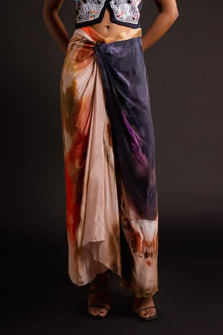 Amka_Peach Silk Sequins, Oak Mosaic Overjacket With Galaxy Print Draped Skirt _Online_at_Aza_Fashions