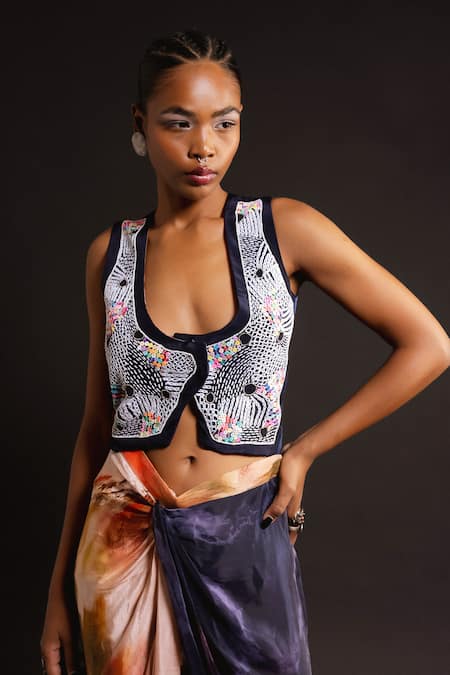 Buy_Amka_Peach Silk Sequins, Oak Mosaic Overjacket With Galaxy Print Draped Skirt _Online_at_Aza_Fashions