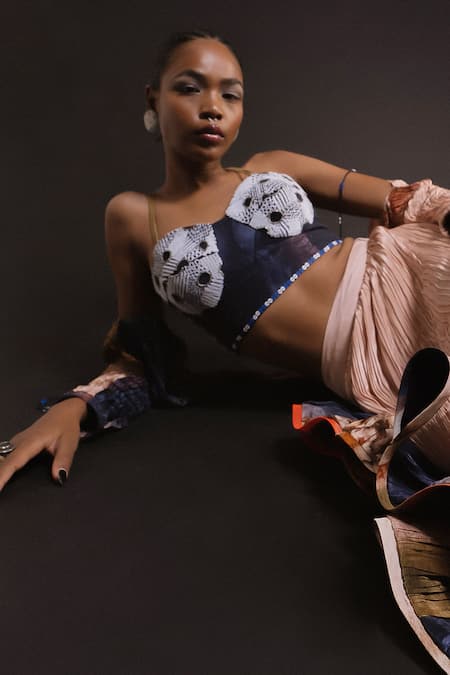 Amka_Peach Silk Embroidery, Palm Galactic Print Hand Pleated Jacket And Skirt Set _Online_at_Aza_Fashions