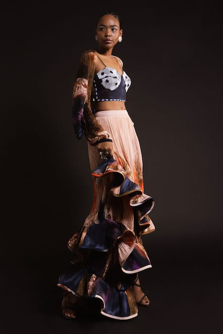Buy_Amka_Peach Silk Embroidery, Palm Galactic Print Hand Pleated Jacket And Skirt Set _Online_at_Aza_Fashions