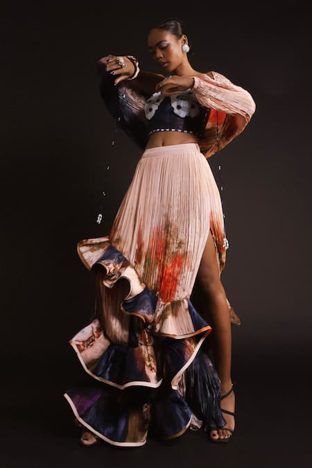 Shop_Amka_Peach Silk Embroidery, Palm Galactic Print Hand Pleated Jacket And Skirt Set _Online_at_Aza_Fashions