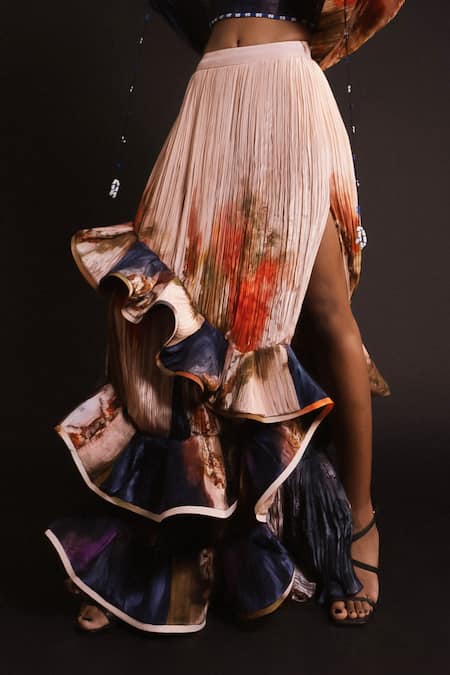 Amka_Peach Silk Embroidery, Palm Galactic Print Hand Pleated Jacket And Skirt Set _at_Aza_Fashions