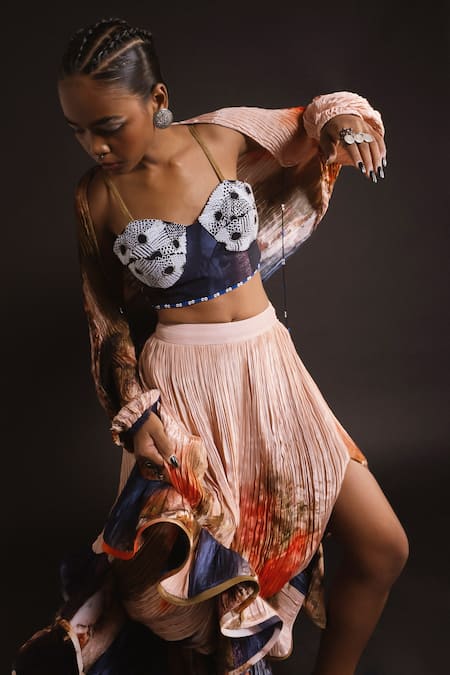 Shop_Amka_Peach Silk Embroidery, Palm Galactic Print Hand Pleated Jacket And Skirt Set 