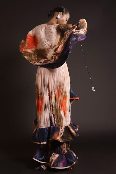 Shop_Amka_Peach Silk Palm Galactic Mosaic Print Ruffled Skirt _at_Aza_Fashions