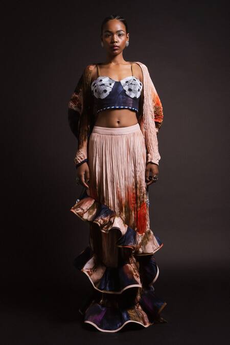 Amka_Peach Silk Palm Galactic Mosaic Print Ruffled Skirt _Online_at_Aza_Fashions
