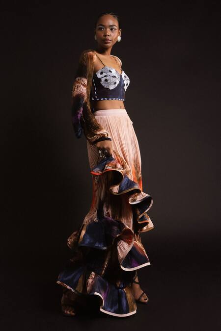 Buy_Amka_Peach Silk Palm Galactic Mosaic Print Ruffled Skirt _Online_at_Aza_Fashions