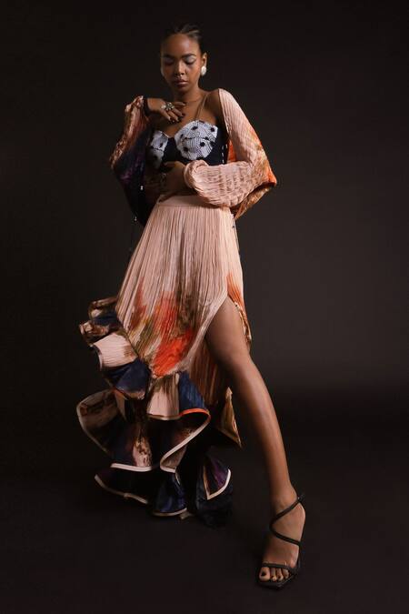 Amka_Peach Silk Palm Galactic Mosaic Print Ruffled Skirt _at_Aza_Fashions