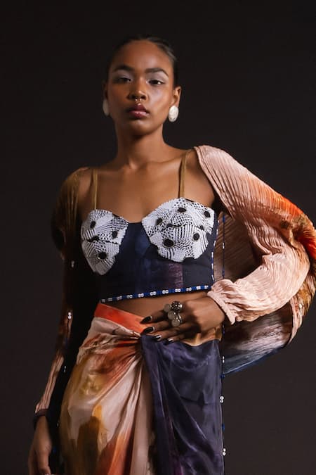 Amka_Peach Silk Sequins, Embroidery Sweetheart Neck Top And Skirt Set _Online_at_Aza_Fashions