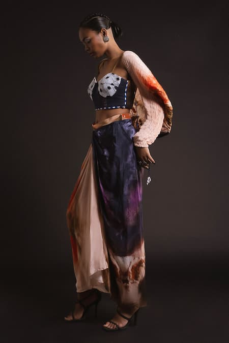 Shop_Amka_Peach Silk Sequins, Embroidery Sweetheart Neck Top And Skirt Set _Online_at_Aza_Fashions