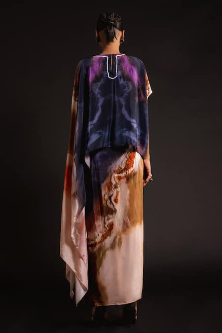 Shop_Amka_Peach Silk Round Neck Teak Abstract Pattern Cape Top And Skirt Set _at_Aza_Fashions