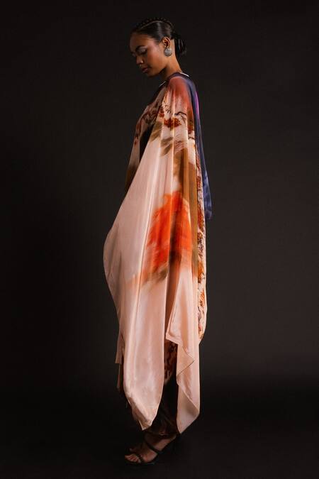 Amka_Peach Silk Round Neck Teak Abstract Pattern Cape Top And Skirt Set _Online_at_Aza_Fashions